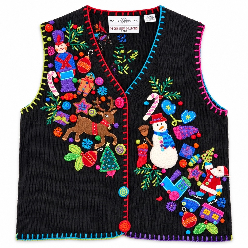 Marisa Christina Christmas Vest Womens Size S Black Embroidered Knit Vintage Y2K